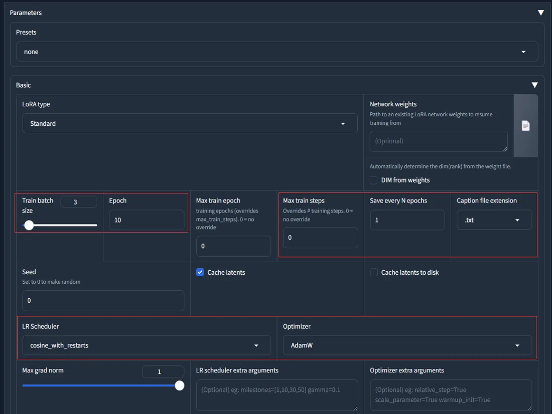 Parametersの設定画面1